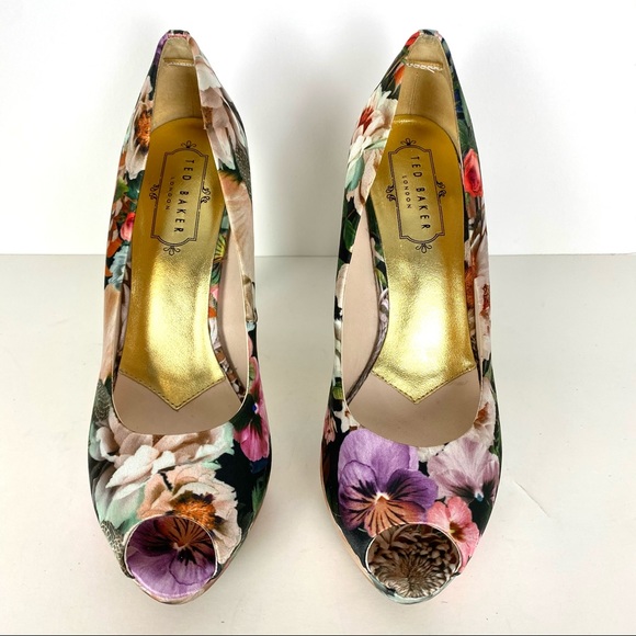 Ted Baker Svanad Green Satin Floral Leather Peep Toe Platform High Heel Pumps - Picture 4 of 7